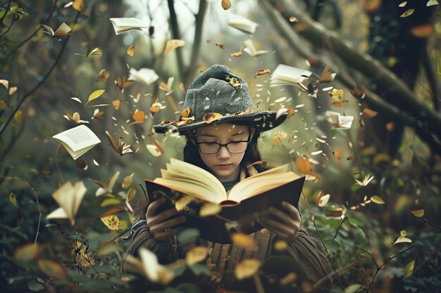 Photo lecteur mystique dans la forêt avec des pages et des feuilles volantes immergé dans la journée mondiale du livre