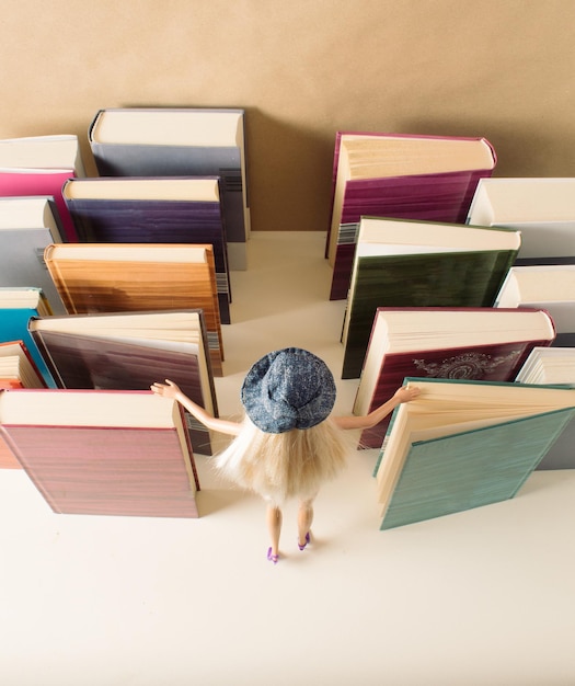 Le lecteur se tient debout et regarde les livres qui sont bien alignés Concept de littérature de bibliothèque