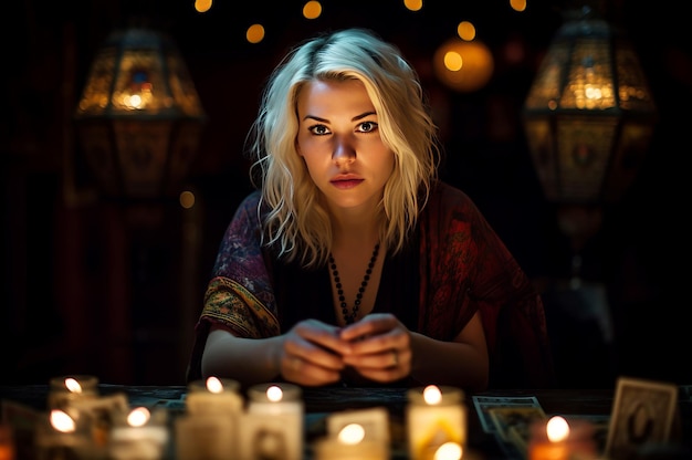 Le lecteur de tarot cherche une beauté féminine avec des bougies allumées Fortune magicienne générer de l'énergie Ai