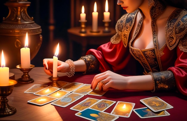 Le lecteur de tarot choisit les cartes de tarot Le diseur de bonne aventure lit les cartes