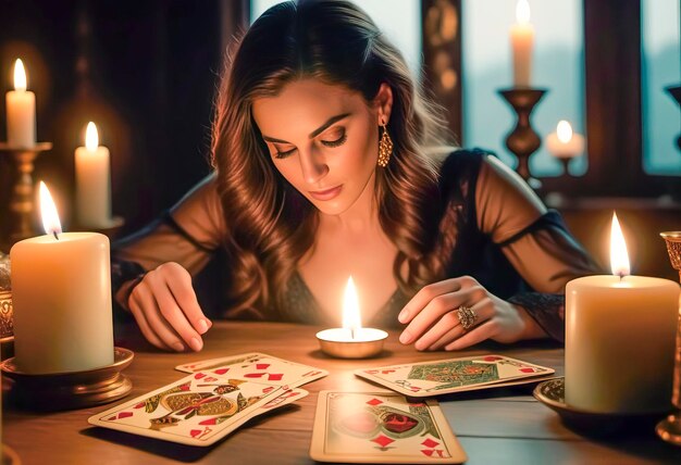 Le lecteur de tarot choisit les cartes de tarot Le diseur de bonne aventure lit les cartes