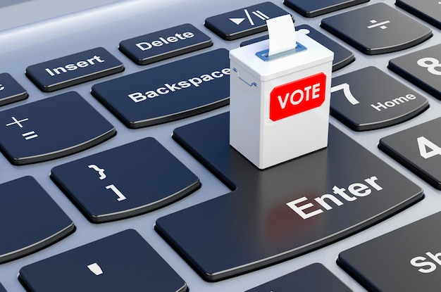 Élection en ligne concept de vote en ligne Urne sur clavier d'ordinateur portable rendu 3D