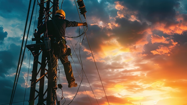 Électricien travaillant au coucher du soleil sur des lignes électriques