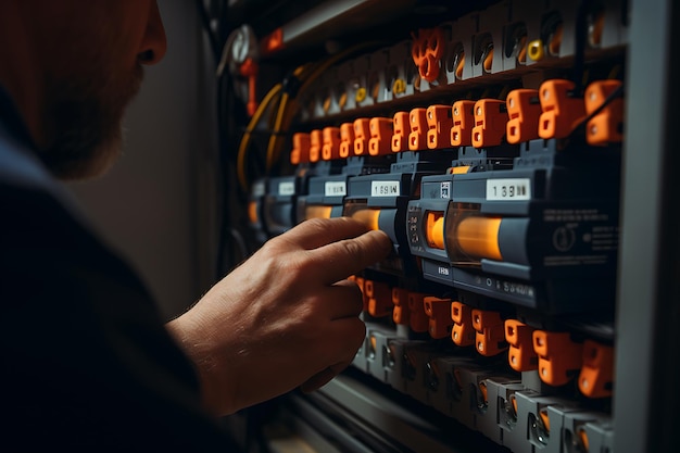 Électricien travaillant dans une boîte à fusibles Panel électrique avec contacteurs