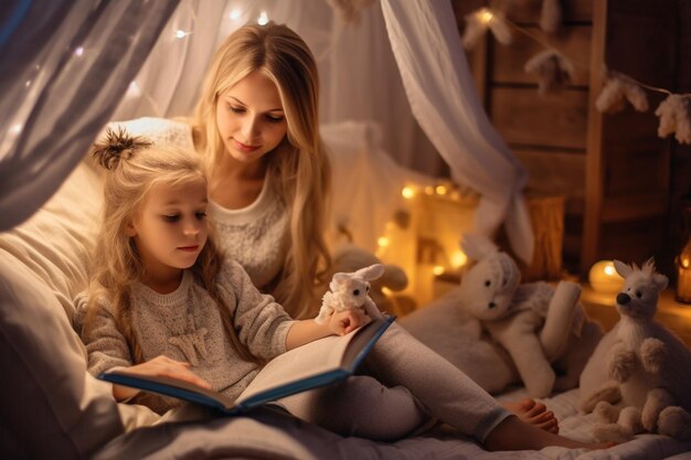 Lecture générative d'IA et jeux familiaux dans la tente pour enfants mère et fille avec livre et f