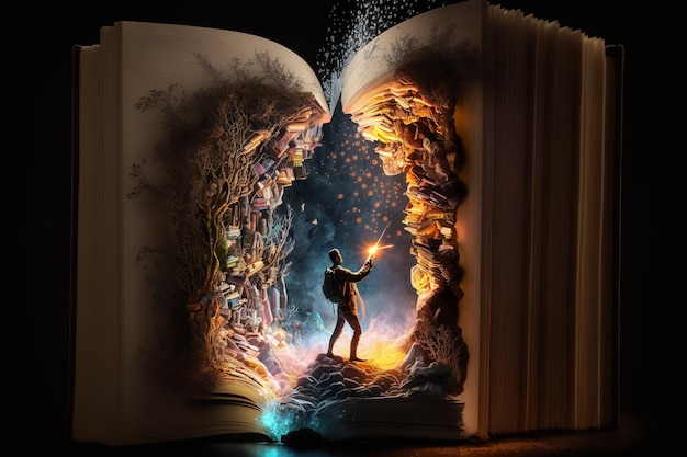 Photo la lecture des livres ouvre la voie à de nouvelles histoires d'autres mondes contes de fées nouvelles et nouvelles fantastiques abstraction et imagination magie et connaissance pages papier