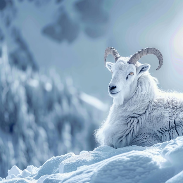 Élégance alpine Chèvre de montagne enneigée sur un fond enneigé avec espace de texte Pour les médias sociaux Post S