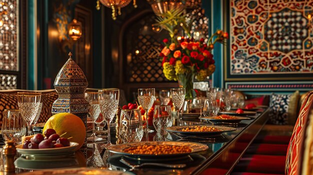 Élégance culinaire salle à manger d'inspiration islamique avec une table élaborée avec des fruits dattiers