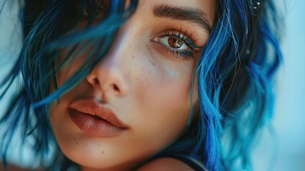 Élégance exotique femme orientale mixte russe aux cheveux noirs et bleus frappants yeux bruns et présence influente en tant que modèle et influenceur
