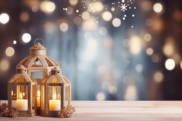 Élégance festive Arrière-plan de Noël captivant avec des décorations en bois Bougies et espace libre