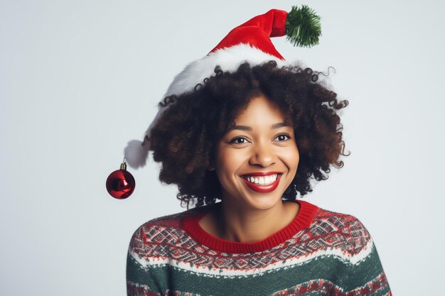 Élégance de fête Femme en tenue de Noël sur un fond blanc Enjoying Christmas