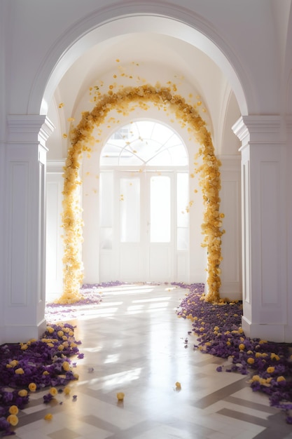 Élégance en fleurs Voûte de roses ultraréalistes dans une salle d'un blanc pur
