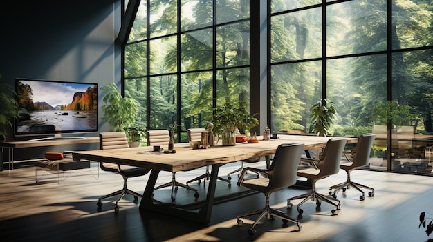 Élégance moderne Salle de réunion époustouflante avec une table en bois et un éclairage naturel abondant