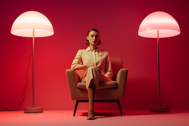 Élégance en rose Une femme assise sur une chaise baignée dans la douce lueur d’une lampe élégante