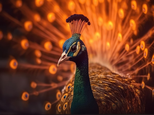 Élégant portrait coloré d'un paon au coucher du soleil généré par l'IA