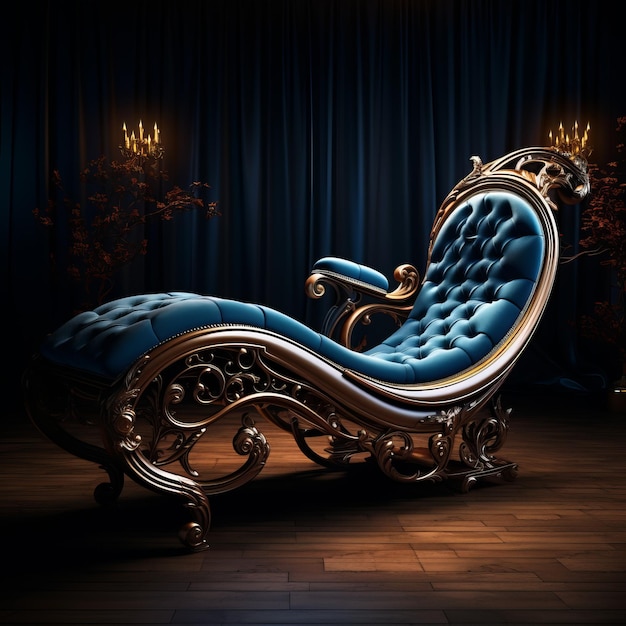 Élégante chaise longue baroque bleue dans un éclairage dramatique