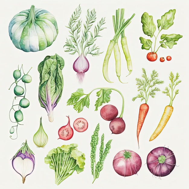 Élégante collection de légumes à l'aquarelle pour tout projet. Des designs uniques, parfaits pour ajouter un nat