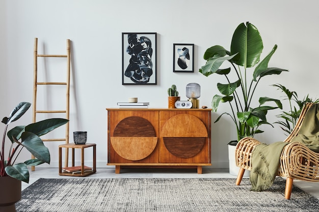 Élégante composition scandinave du salon avec armoire design, cadres noirs pour affiches, fauteuil, tabouret en bois, livre, décoration, plantes et accessoires personnels