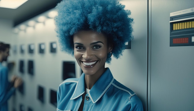 Élégante jeune femme noire ingénieur aux cheveux bleus au travail en regardant la caméra Generative AI