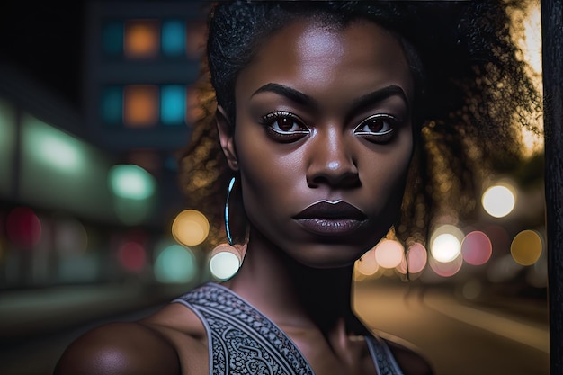 Élégante jeune femme noire avec de la lumière sur son visage sur fond sombre AI générative