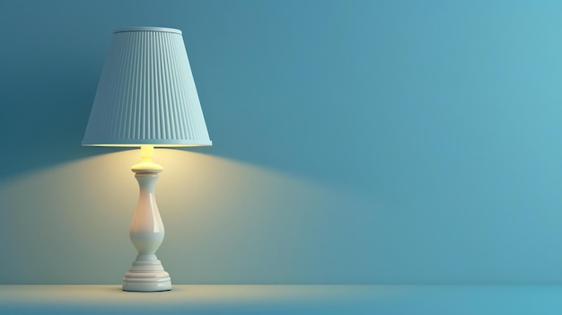 Élégante lampe de table blanche avec un abat-jour plissé sur un fond bleu La lampe est allumée et projette une chaleureuse lueur de lumière