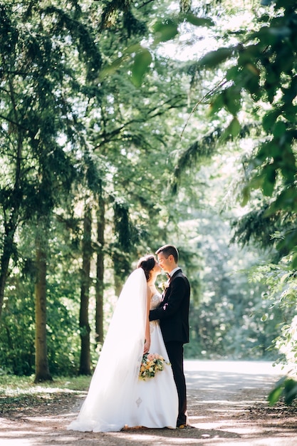 Élégante mariée et le marié posant ensemble à l'extérieur un jour de mariage