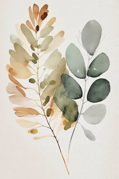 Élégante peinture à l'aquarelle d'une feuille d'eucalyptus beige et sauge