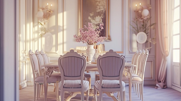Élégante salle à manger avec des chaises blanches