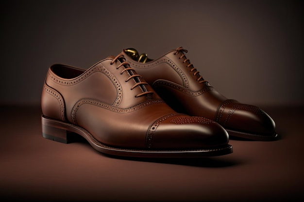 Élégantes chaussures en cuir marron pour hommes sur fond marron Style studio photo Ai générative