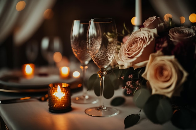 Élégantes décorations de table en verre à vin et fleurs pour mariages et anniversaires