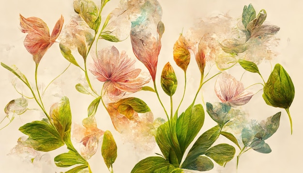 Élégantes fleurs et branches légèrement lilas sur fond clair Décor floral vintage pour une carte postale Illustration 3d de plante fantastique