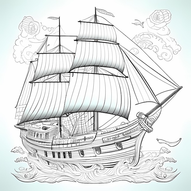 Photo légendes à l'encre coloriage d'un bateau pirate avec remplissage partiel de couleur pour adultes