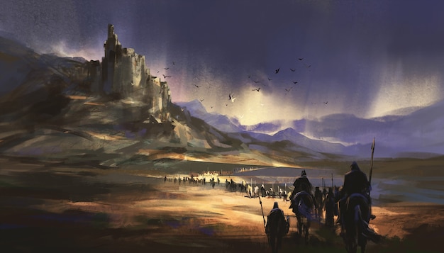 Photo une légion marchant vers le château médiéval, illustration 3d.