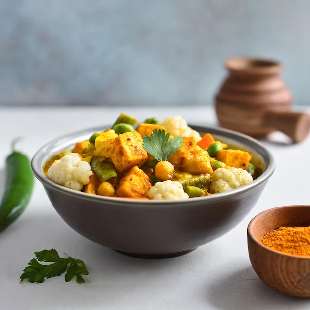 légume Kolhapuri dans un bol noir plat de curry de légumes indien nourriture et repas asiatiques végétariens