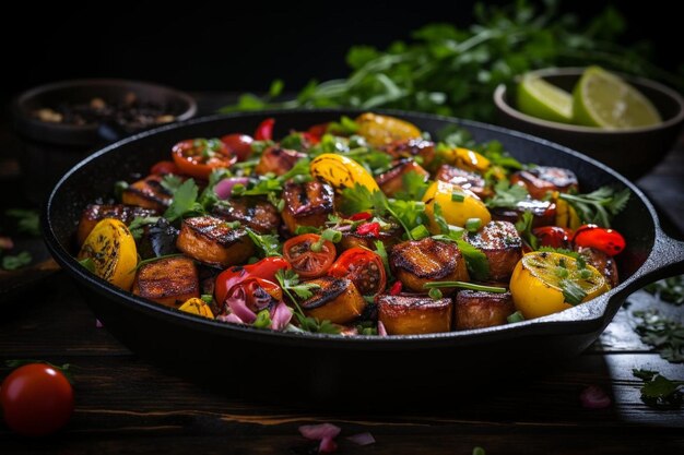 Photo des légumes arc-en-ciel et des nouilles tempeh frites