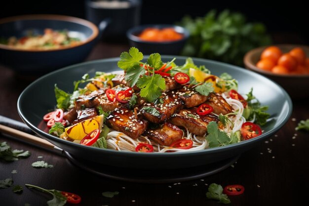 Photo des légumes arc-en-ciel et des nouilles tempeh frites