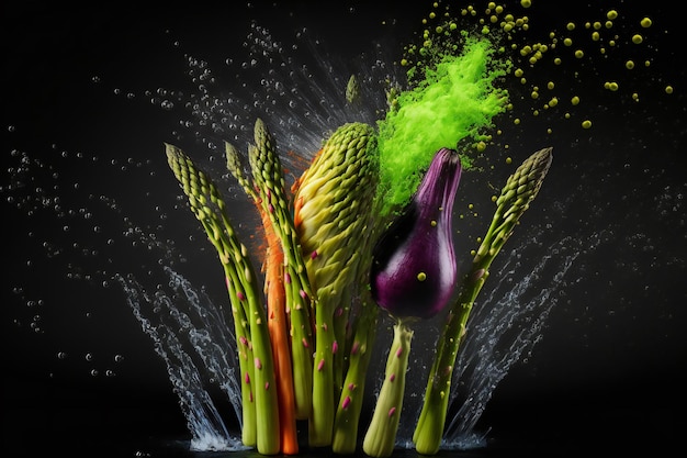 Légumes asperges splash isolé sur fond noir