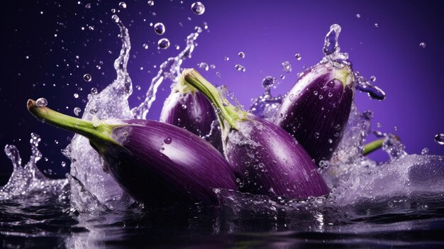 Légumes d'aubergine frais, crus et violets tombant dans l'eau et éclaboussés