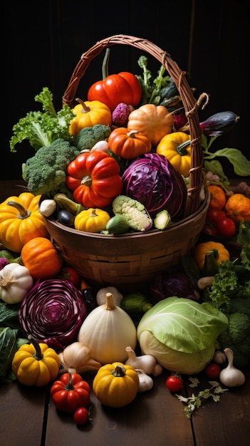 Photo des légumes d'automne colorés disposés dans un panier rustique