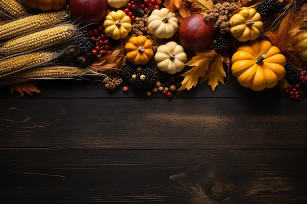 Des légumes d'automne sur une table en bois pour le jour de Thanksgiving.