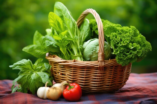 Légumes biologiques fraîchement cueillis dans un panier en osier