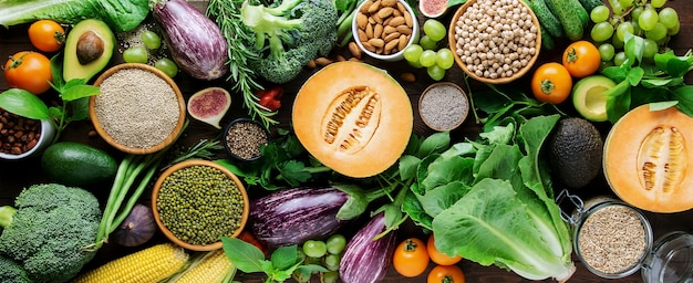 Légumes biologiques frais, céréales haricot mungo, quinoa, pois chiches, flocons d'avoine, noix