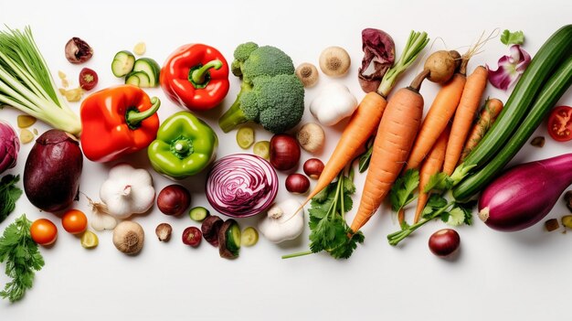 Des légumes biologiques frais et colorés sur un fond blanc