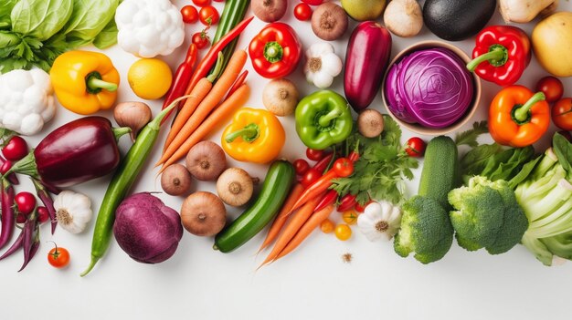 Des légumes biologiques frais et colorés sur un fond blanc