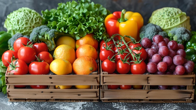 Des légumes biologiques frais dans des caisses en bois sur une table, des poivrons colorés, des tomates, des raisins et des légumes verts, un concept d'alimentation saine, des produits vibrants, un affichage d'IA.