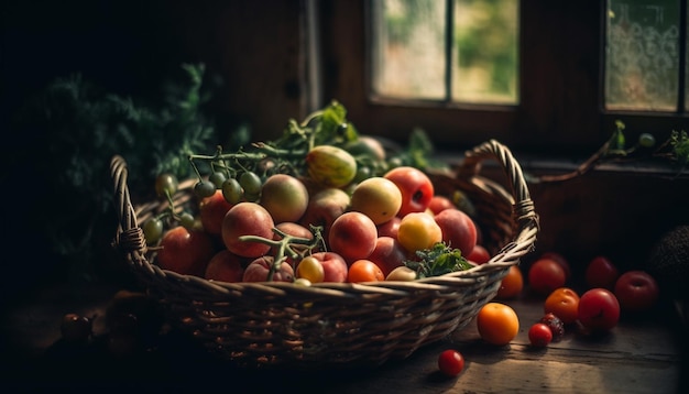 Légumes biologiques frais dans un panier en bois rustique généré par l'IA