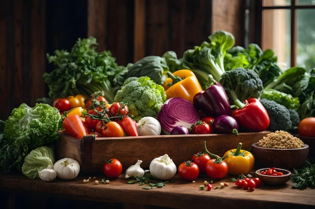Légumes biologiques frais disposés sur une table en bois
