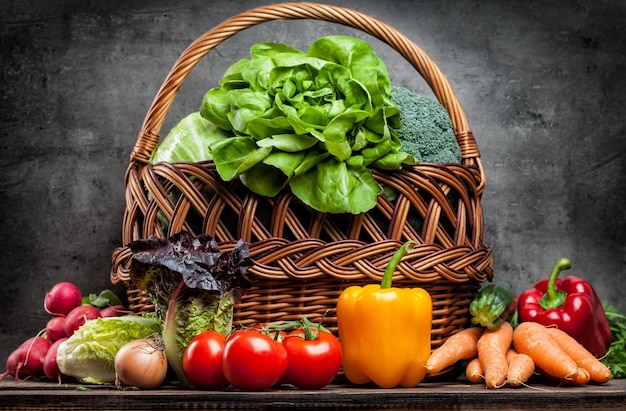 Photo légumes biologiques frais sur fond rustique