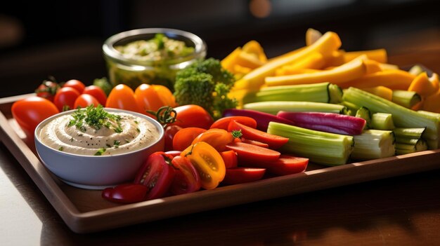 Les légumes colorés et le houmous offrent une option de collation saine