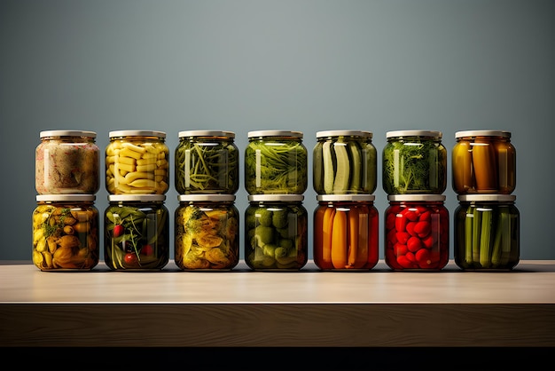 Légumes en conserve dans des bocaux, préparations pour la scène minimale d'hiver, rendu 3D, générer une IA